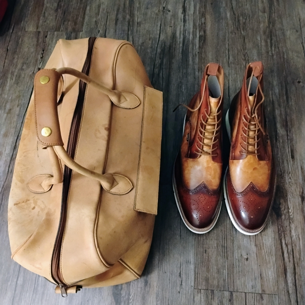 MEN'S TAFT WINGTIP BROGUE BOOTS SIZE 14 WALNUT AND TAN COLOR NEW IN BOX